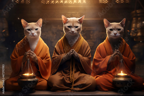 Three cats characterized as Buddhist monks meditating