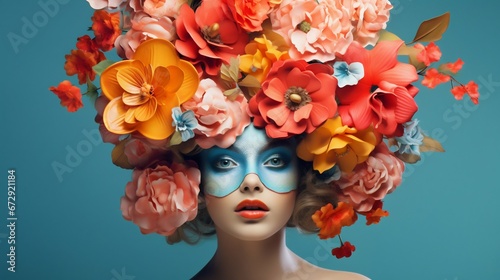 Surreal Blossom Crown: Beauty Woman Portrait on Studio Backdrop. Generative ai © Scrudje