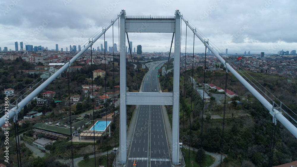 Obraz premium Aerial photo of the Bosphorus Bridge, Istanbul. aerial view of suspension bridge