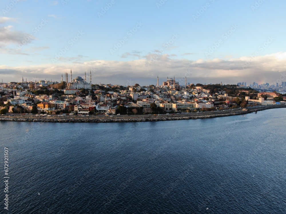 Istanbul, Turkey. Sultanahmet with the Blue Mosque and the Hagia Sophia (Ayasofya) with a Golden Hornt. Topkapi Palace aerial view. Istanbul, Turkey. Sultanahmet with the Blue Mosque and the Hagia Sophia (Ayasofya) with a Golden Hornt. Topkapi Palace aerial view.