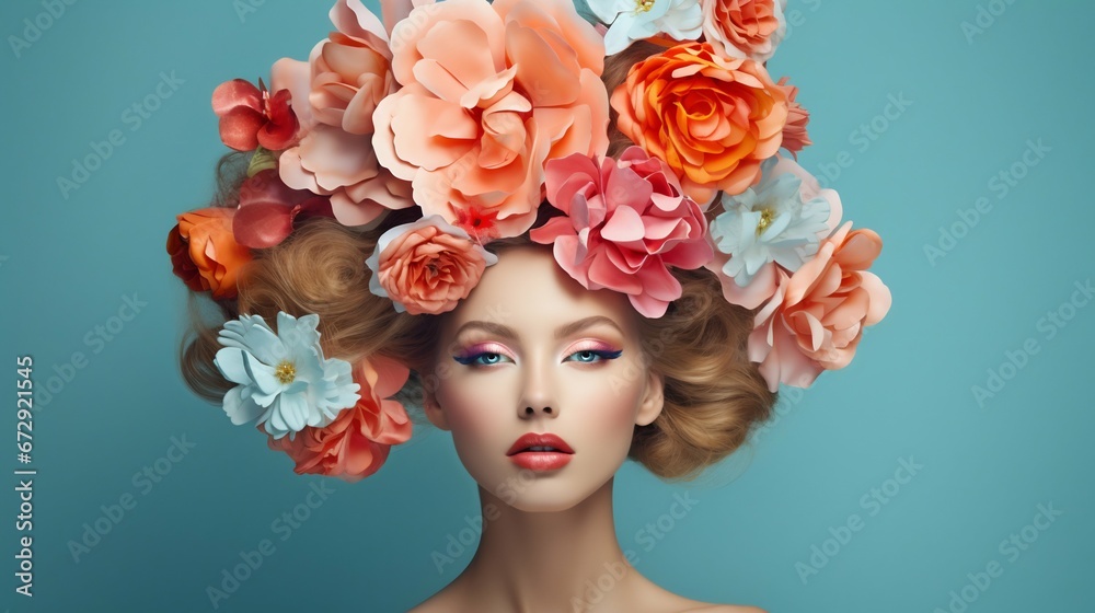 Surreal Blossom Crown: Beauty Woman Portrait on Studio Backdrop. Generative ai