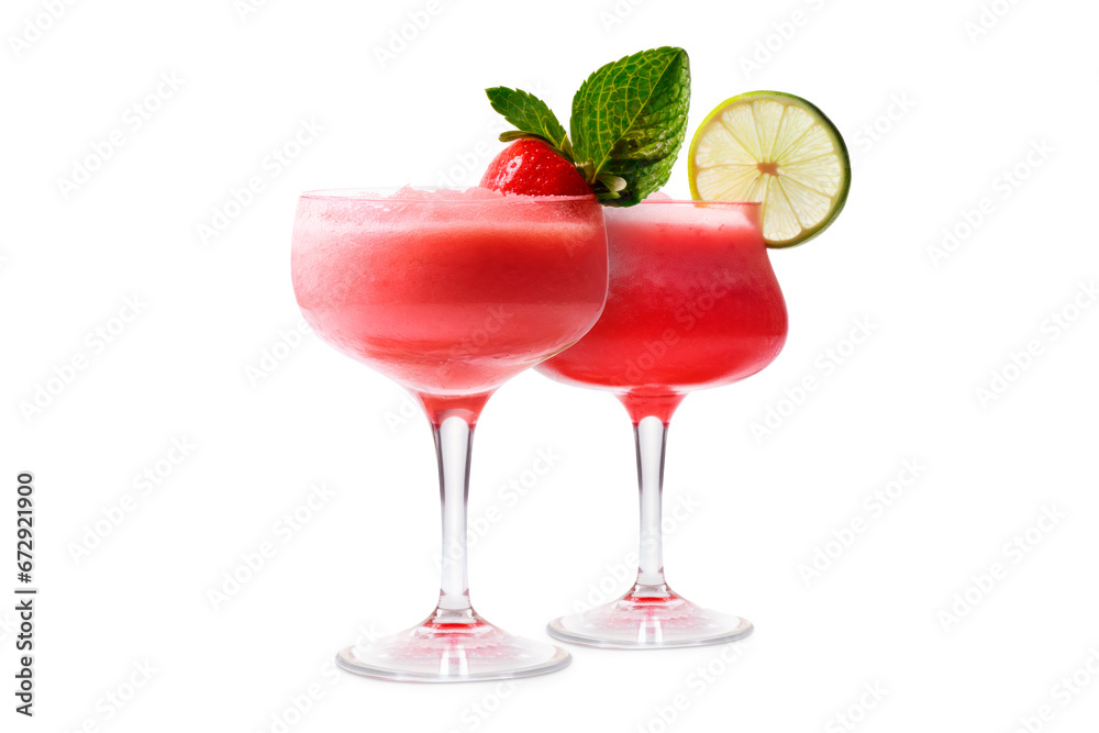 Set of Strawberry margarita cocktails in salt-rimmed glass isolated on white background