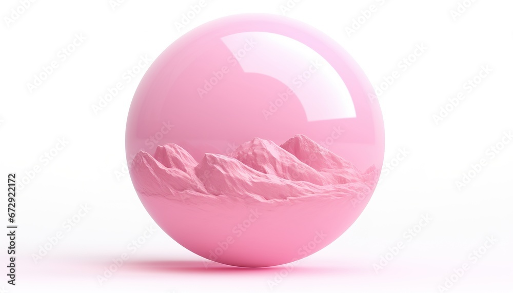 Obraz premium Pink globe on white background with pink desert inside, reflection