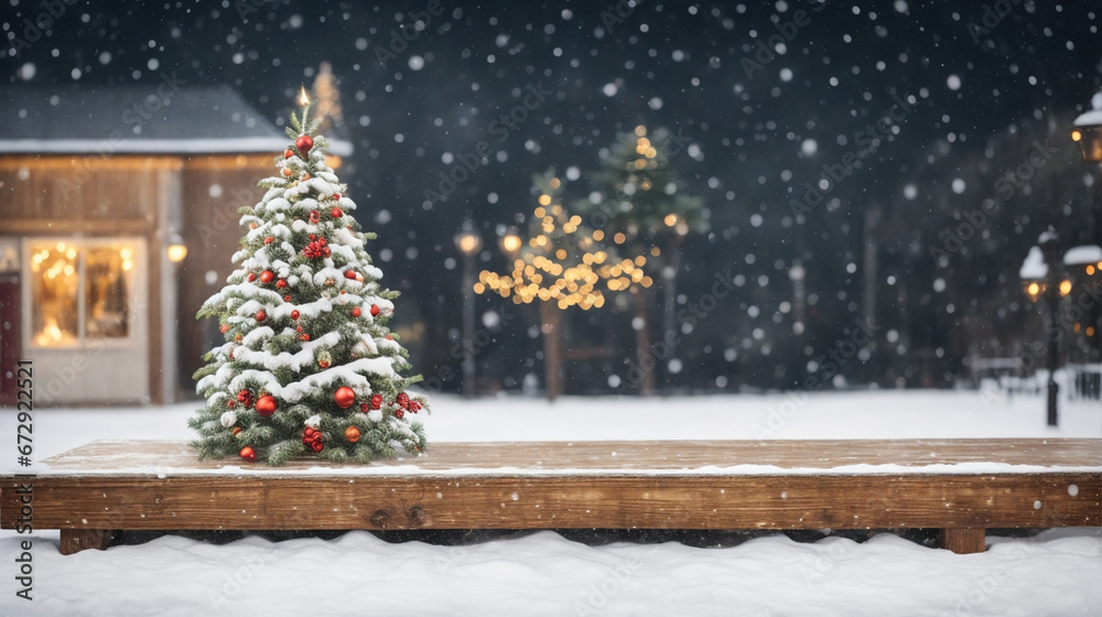 Obraz premium christmas tree and snowman. Empty of white wood table top on blur night town, cityscape backgrounds and snowy.