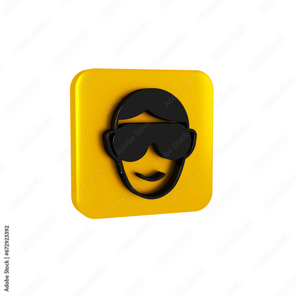 Black Eye sleep mask icon isolated on transparent background. Sleeping mask. Yellow square button. Black Eye sleep mask icon isolated on transparent background. Sleeping mask. Yellow square button.