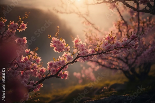 Blooming sakura tree branches. Spring nature. Delicate pink flowers macro. The morning sun shines softly through the mist. Japanese cherry blossoms. Generative AI © lolya1988