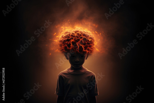 An artistic portrayal of a child with illuminating lights in the brain area against a dark setting, embodying the diversity of neurological experiences