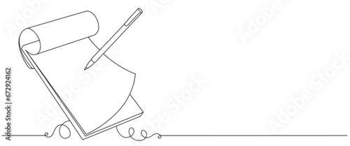Opened book and pen in line art drawing. Education study and knowledge library concept in simple linear style. Doodle vector illustration