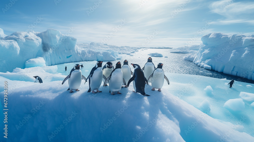 A drone view of a group of penguins standing on the edge of an iceberg in antarctica - obrazy, fototapety, plakaty 