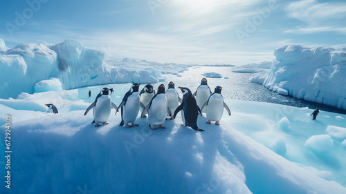 A drone view of a group of penguins standing on the edge of an iceberg in antarctica