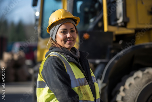 A construction site worker, confidently smiling under the hard hat, advocates for gender equality, showcasing the competence and determination of women in the construction sector