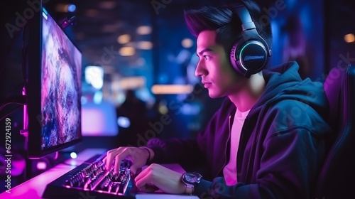 Young confident Asian man playing online computer video game, colorful lighting broadcast streaming live at home. Gamer lifestyle, E-Sport online gaming technology concept