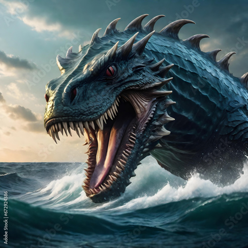 a giant dangerous roaring sea monster coming out of the water. generative ai © Martin