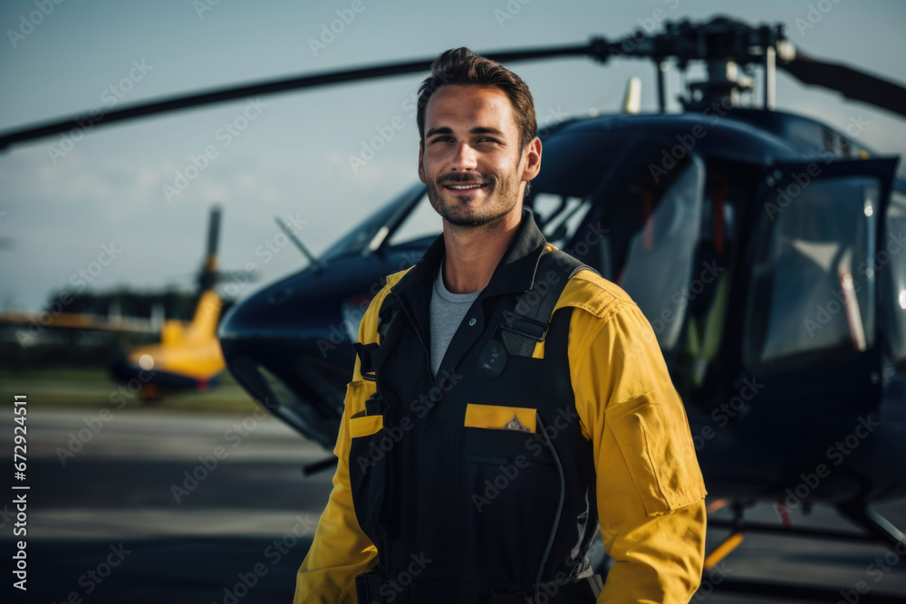 Confident aviator, a man in military attire, posing next to a helicopter, showcasing strength and determination Confident aviator, a man in military attire, posing next to a helicopter, showcasing strength and determination