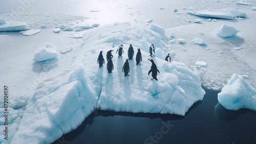 A drone view of a group of penguins standing on the edge of an iceberg in antarctica photo