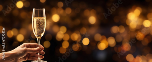 Festive banner with a woman's hand elegantly holding a champagne glass against the magical backdrop of New Year and Christmas lights, symbolizing celebration