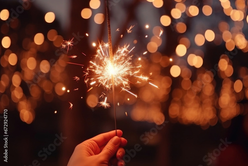 Hand holding a glowing sparkler against the backdrop of Christmas and New Year lights, creating a festive atmosphere filled with warmth and joy