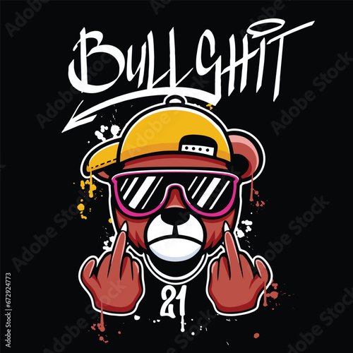 vector graffiti hand drawn teddy bear with slogan bullshit designs for streetwear illustration