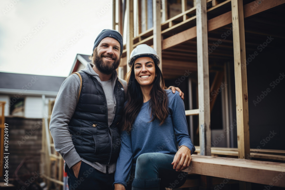 Obraz premium United team of builders: a smiling couple showcasing gender equality in the construction sector