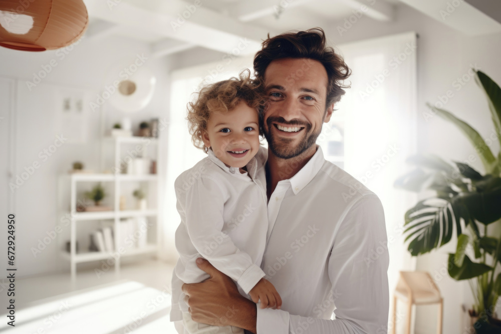 Happy father and child embrace, their laughter echoing the happiness of fatherhood, a heartwarming scene on this Father's Day celebration Happy father and child embrace, their laughter echoing the happiness of fatherhood, a heartwarming scene on this Father's Day celebration