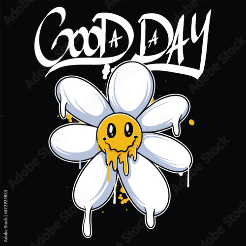 vector graffiti hand drawn happy sun flower with slogan good day designs for streetwear illustration