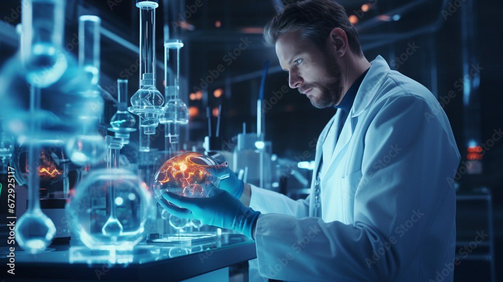 Doctor of medical sciences works in a laboratory with a biological apparatus for analysis and sampling.futuristic innovative technologies Doctor of medical sciences works in a laboratory with a biological apparatus for analysis and sampling.futuristic innovative technologies