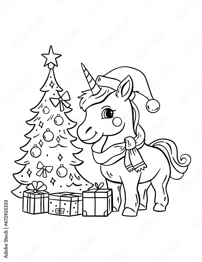 Obraz premium Outline illustration of unicorn with Christmas tree