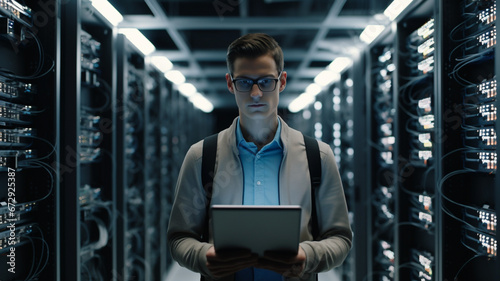 Male informatic engineer working inside server room for database network storage