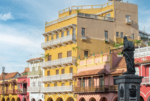 monument to don pedro de heredia in historic center with colonial and colorful buildings in the city of cartagena de indias photo