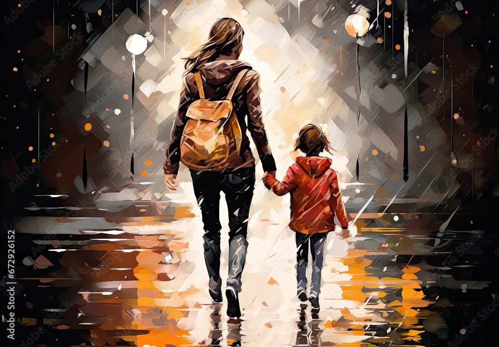 Mother and daughter taking walk in autumn park. Digital art in an artistic style. Illustration for cover, card, postcard, interior design, banner, poster, brochure, etc. - obrazy, fototapety, plakaty 