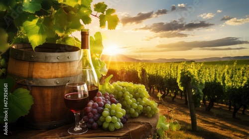 A bunch of grapes, a glass of wine and a bottle of wine at sunset hour on the background of a vine plantation. Illustration for cover, card, interior design, packaging, advertising, marketing, print.