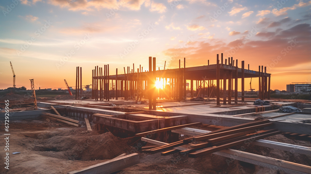 building construction site with scaffolding and crane.