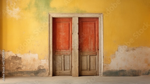 The dilapidated building wall and the two wooden doors need major repairs. The facade of the house with damaged plaster. Make a choice of where to enter. Illustration for cover, interior design, etc.