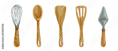 Set of kitchen utensils, spoons, pastry spatulas, whisk. Vector graphics.