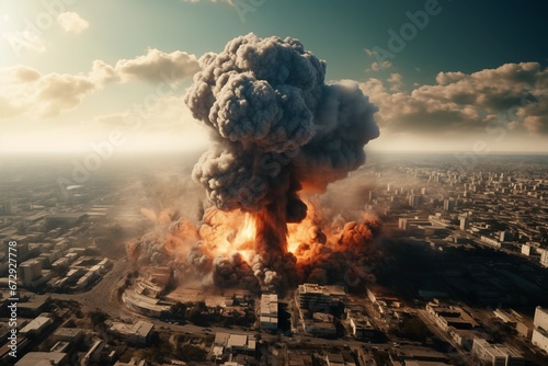 Explosions in the city, top view. Destroyed buildings, war, conflict.