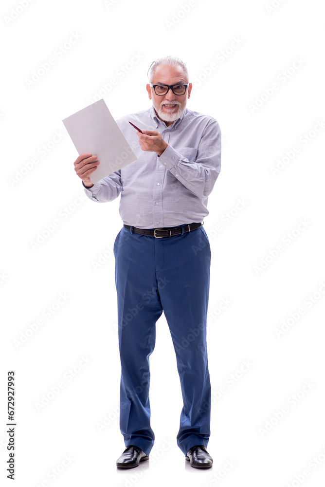 Old businessman reading paper isolated on white Old businessman reading paper isolated on white