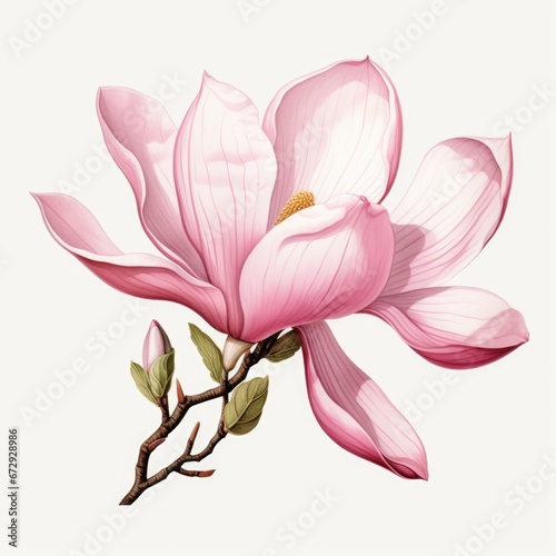 A painting of a pink flower on a branch. Magnolia flowers.