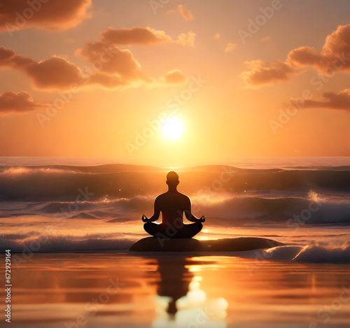 Tranquil Meditation by the Sea: Finding Inner Peace Amidst Ocean Waves and the Sunset's Warm Glow. generative AI © EVISUAL