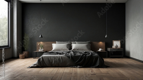 Bellissima camera da letto con arredamento minimalistico, con colori scuri ed eleganti  photo