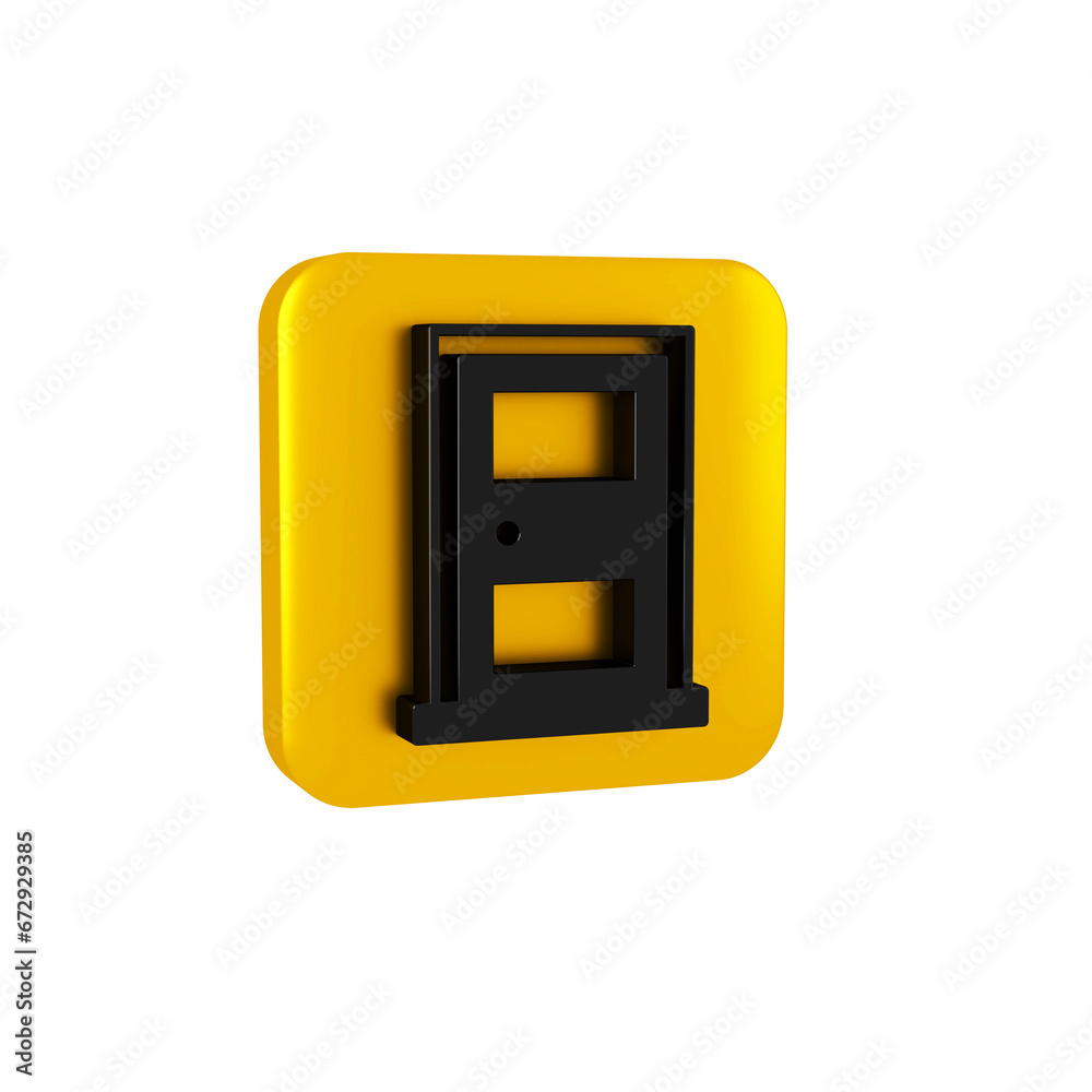 Black Closed door icon isolated on transparent background. Yellow square button. Black Closed door icon isolated on transparent background. Yellow square button.