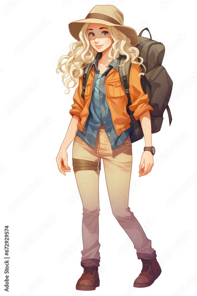 A woman with a backpack and a hat. Clipart on white background. A woman with a backpack and a hat. Clipart on white background.