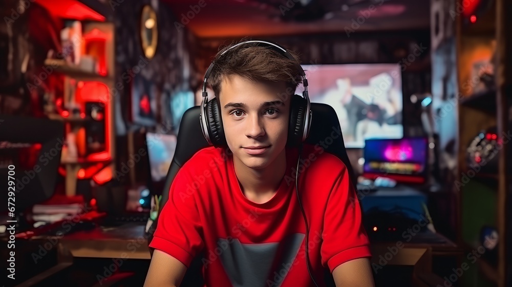 Caucasian steamer gamer boy review top 10 online esport game live and share on his channel in playing room - obrazy, fototapety, plakaty 