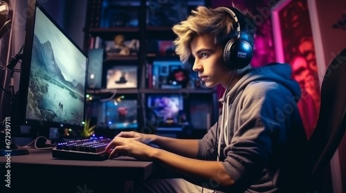Caucasian steamer gamer boy review top 10 online esport game live and share on his channel in playing room photo