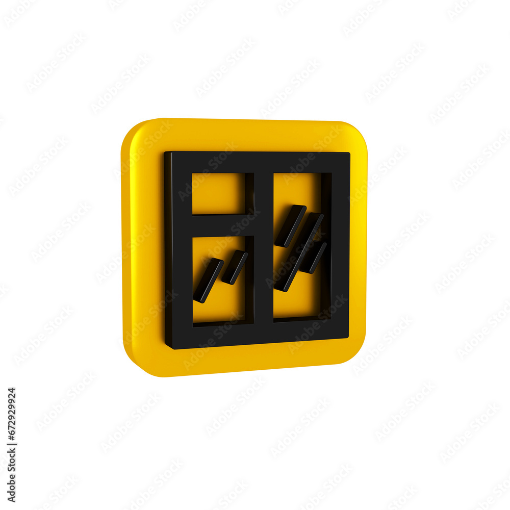 Black Window in room icon isolated on transparent background. Yellow square button. Black Window in room icon isolated on transparent background. Yellow square button.