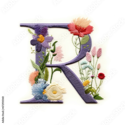 The letter r is decorated with colorful flowers. Embroidery effect, floral design. photo