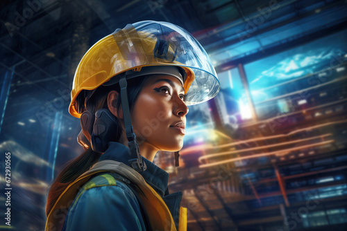 Close-up portrait of a female worker in futuristic safety helmet with a transparent visor against a modern industrial facility