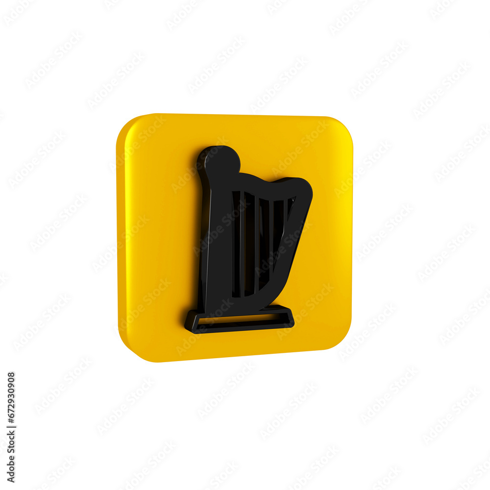 Black Harp icon isolated on transparent background. Classical music instrument, orhestra string acoustic element. Yellow square button. Black Harp icon isolated on transparent background. Classical music instrument, orhestra string acoustic element. Yellow square button.