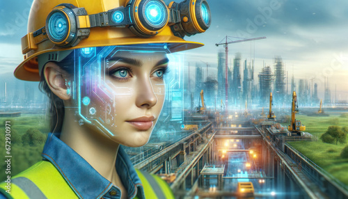 Female engineer with digital interface visor overlooks a futuristic construction site with holographic blueprints