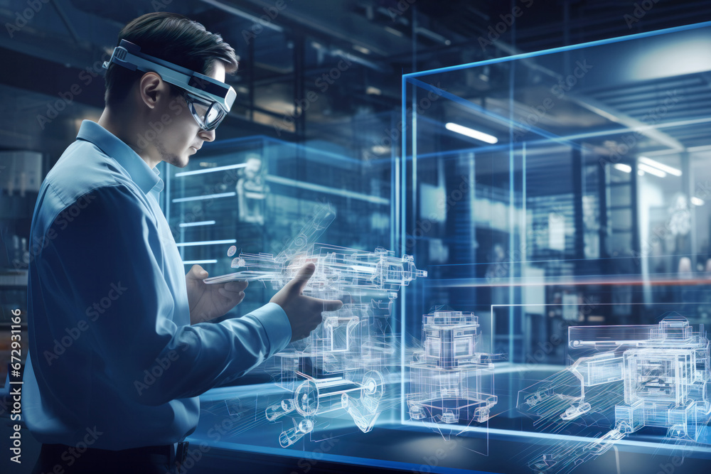 Obraz premium Engineer examining complex 3D holographic blueprints with AR glasses in a futuristic workspace