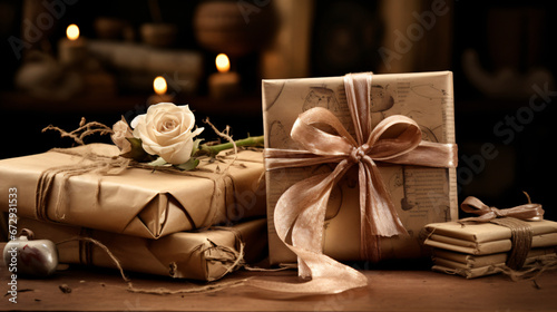 Vintage Charm with Wrapped Packages, a Delicate Rose, and Soft Candlelight Ambiance